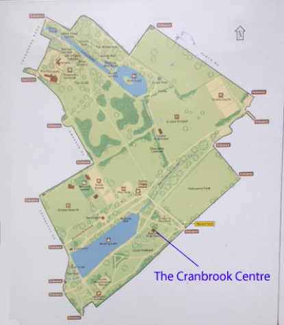 Map of Valentines Park showing paths, lakes, and the boathouse location near the Cranbrook Centre