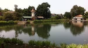 The ornamental tower and pavilion across the lake